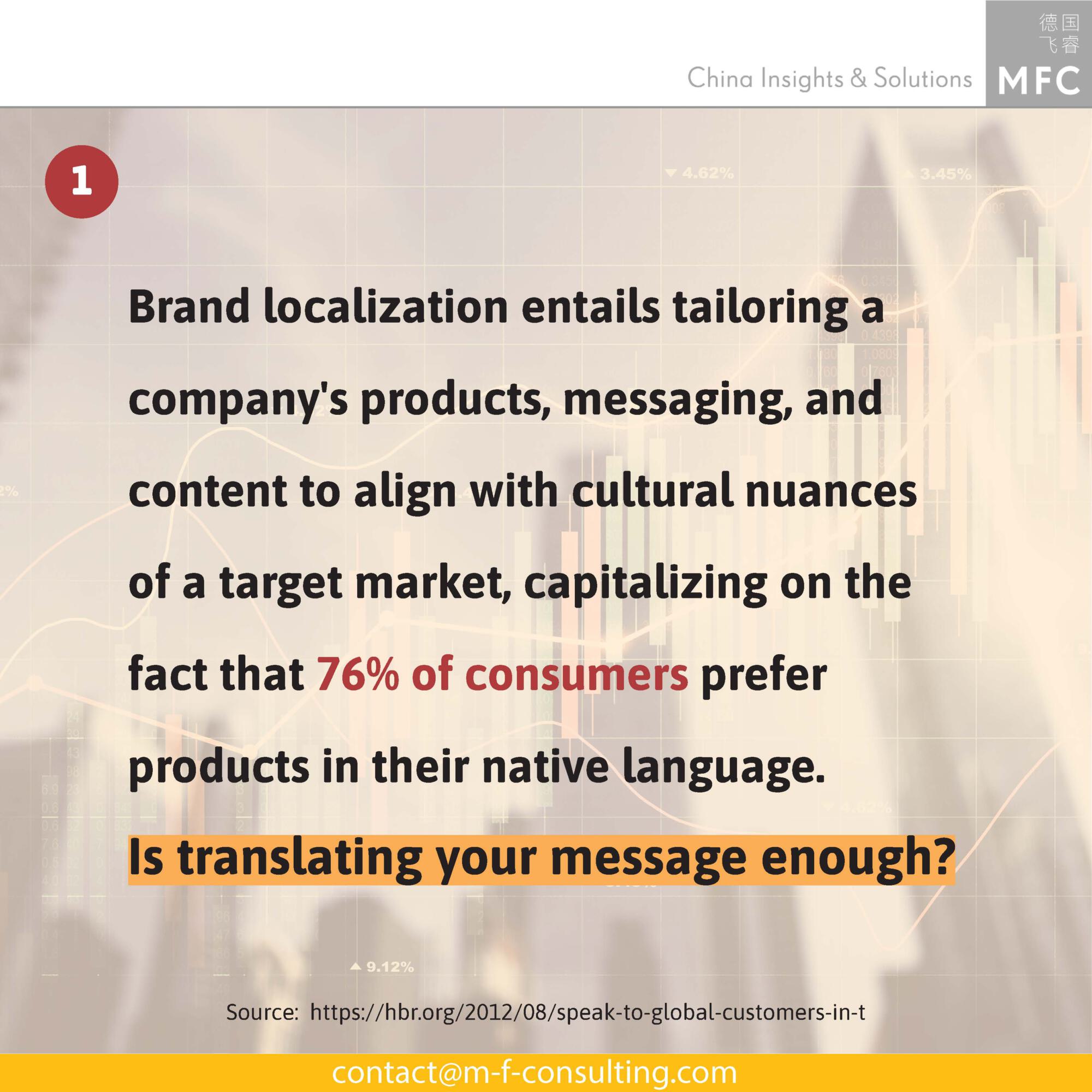 Brand localization entails tailoring a company's products, messaging, and content in align with cultural nuances of a target market, capitalizing on the fact that 76% of consumers prefer products in their native language.